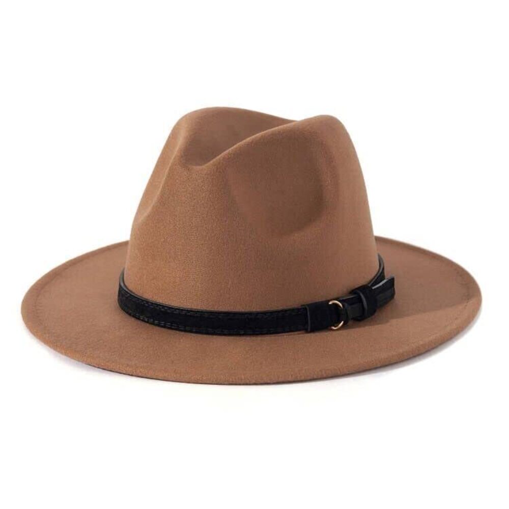 3909 & Vintage Wide Brim Fedora Hat with Belt Buckle B-Khaki, L; Hat